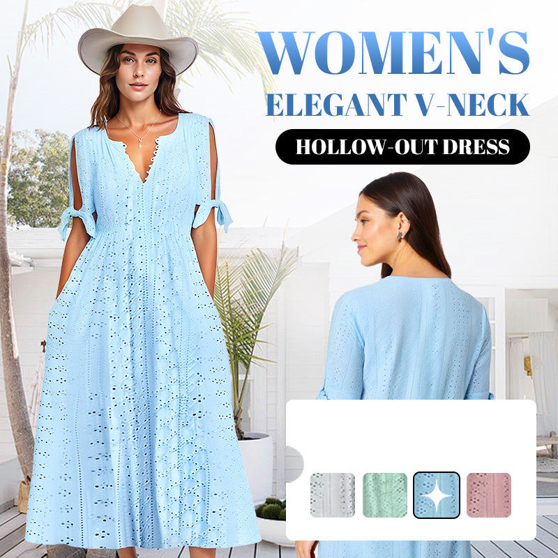 ⏰Last Day Sale 50% Off💃Women's Elegant V-Neck Hollow-Out Solid Dress